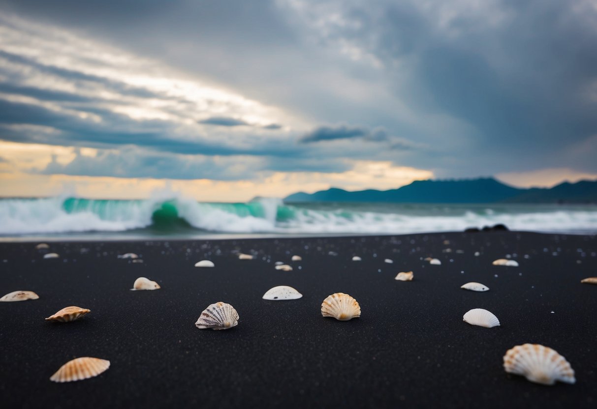 Waves crashing on black sand, with scattered seashells and distant mountains under a cloudy sky