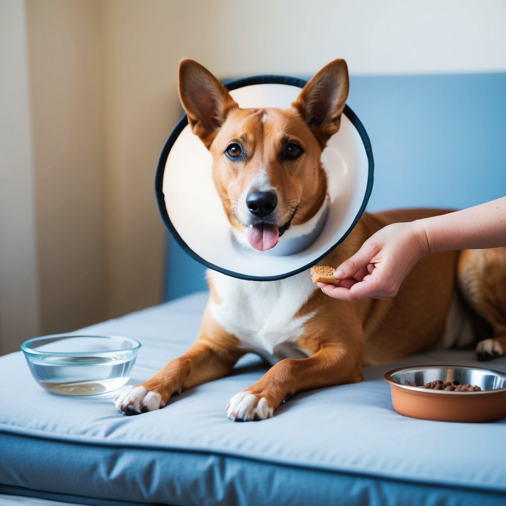 A dog lying on a soft bed, wearing a protective cone around its neck. A water bowl and food dish nearby, with a gentle, caring hand offering a treat
