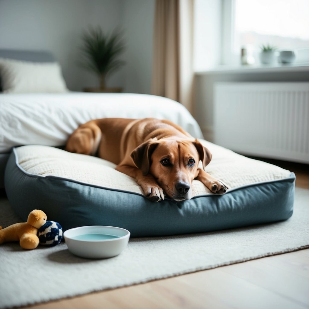A dog rests on a soft, cushioned bed in a quiet, well-lit room. A bowl of water and a few favorite toys are within reach