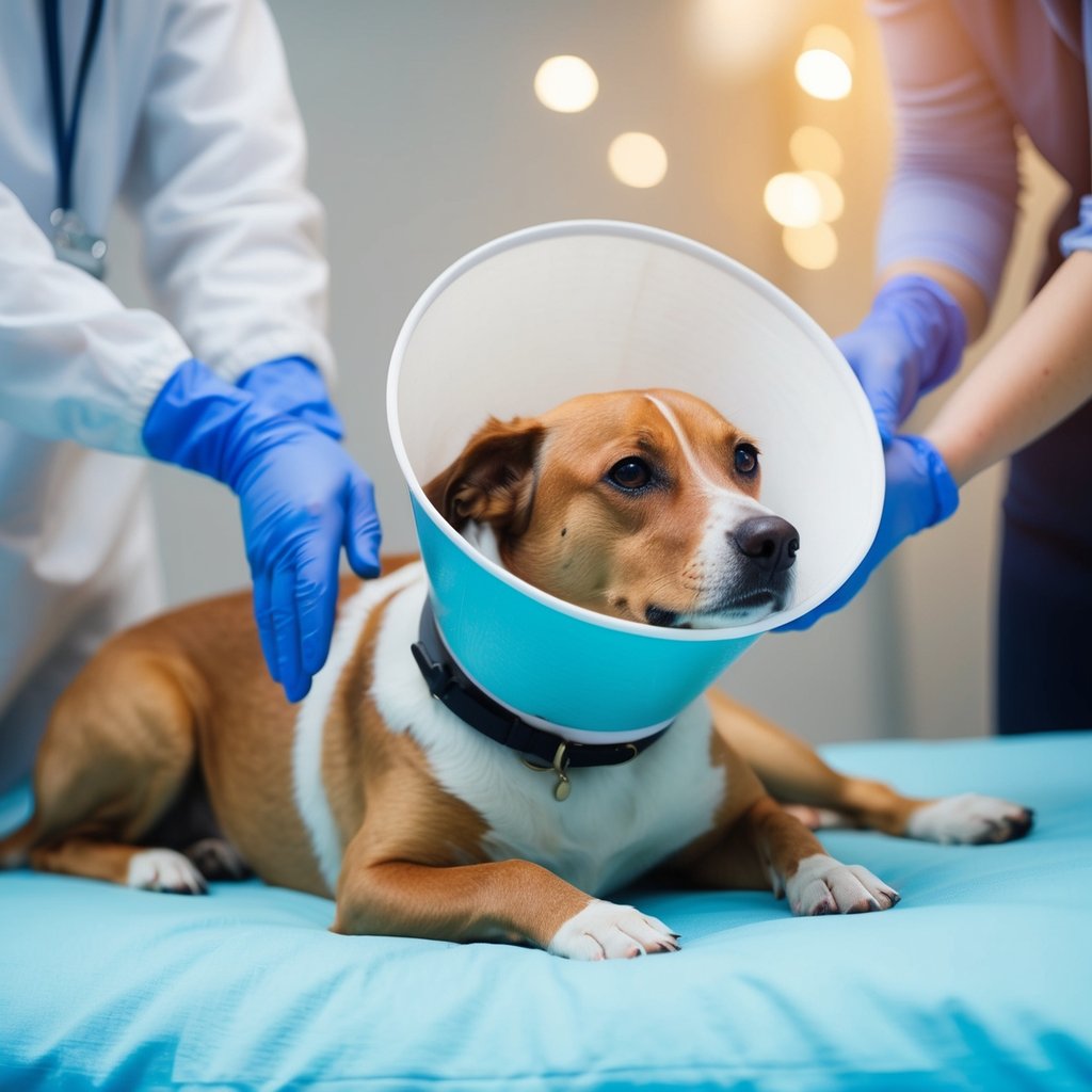 A dog lying on a soft bed, wearing a protective cone around its neck. A person gently cleaning the surgical site and applying medication