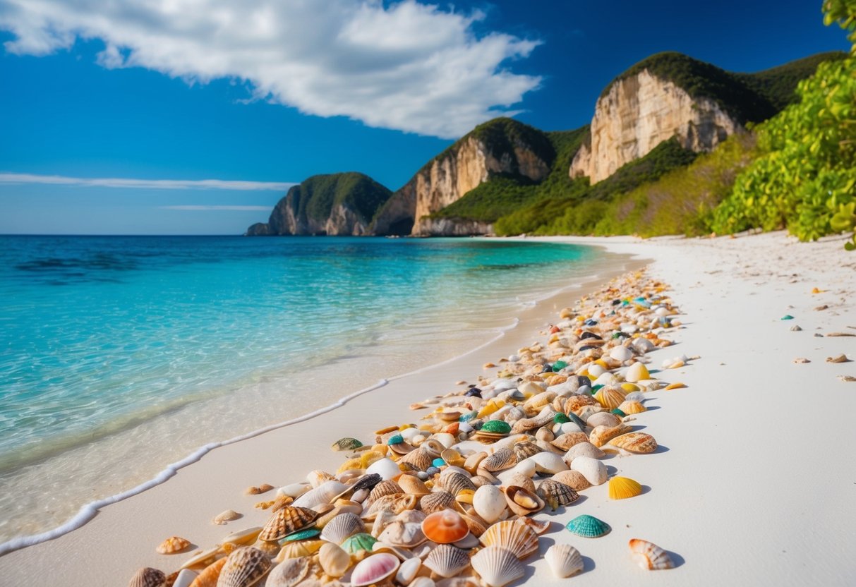 Crystal clear waters lap against white sandy shores, scattered with an array of colorful seashells. Lush greenery lines the beach, with a backdrop of towering cliffs and a vibrant blue sky