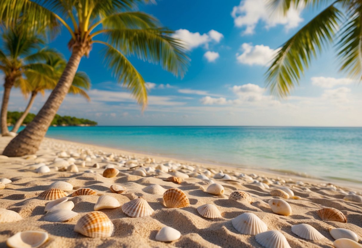 A serene beach with palm trees, crystal clear waters, and seashells scattered across the sandy shore