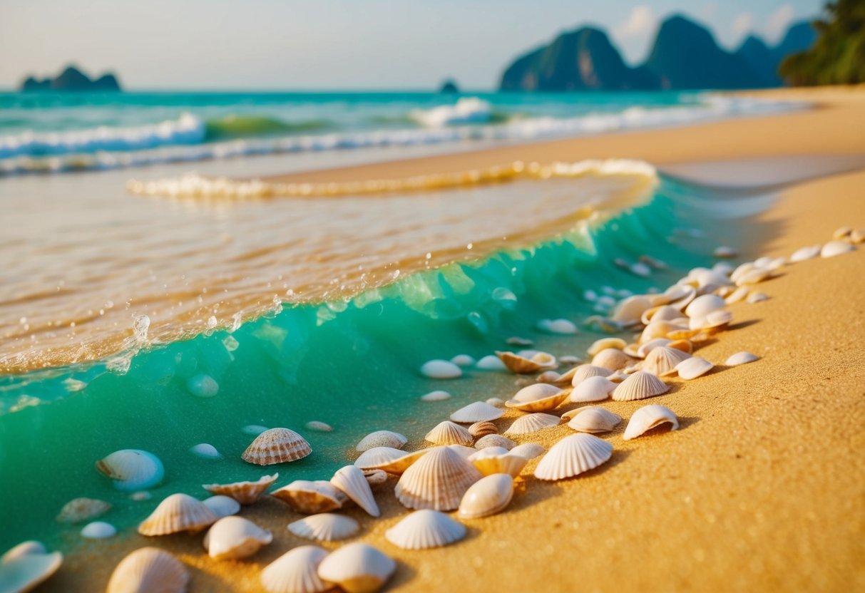 Golden sand, turquoise waves, and scattered seashells on a pristine beach in Vietnam