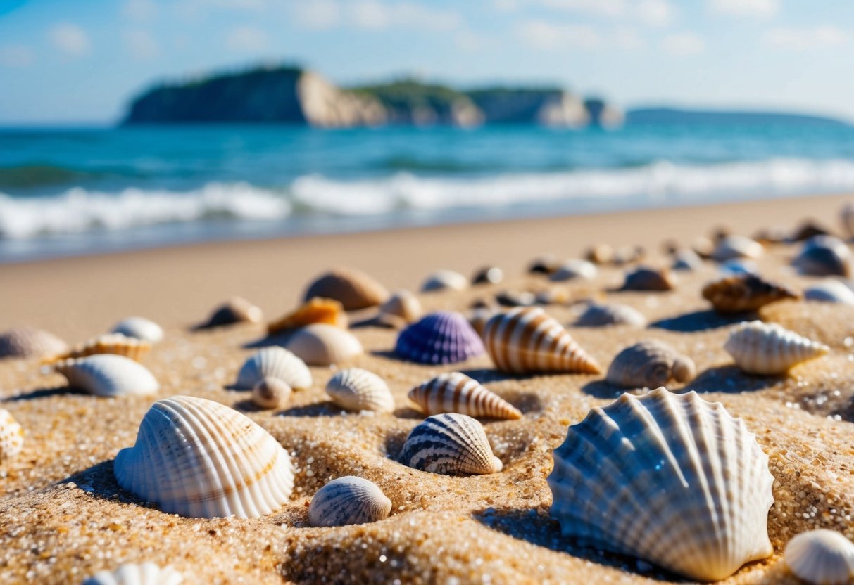 Sandy shore with colorful seashells, gentle waves, and distant cliffs under a bright blue sky