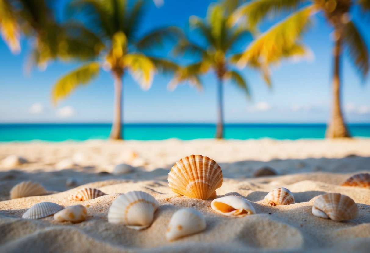 Sandy beach with palm trees, clear blue water, and scattered seashells