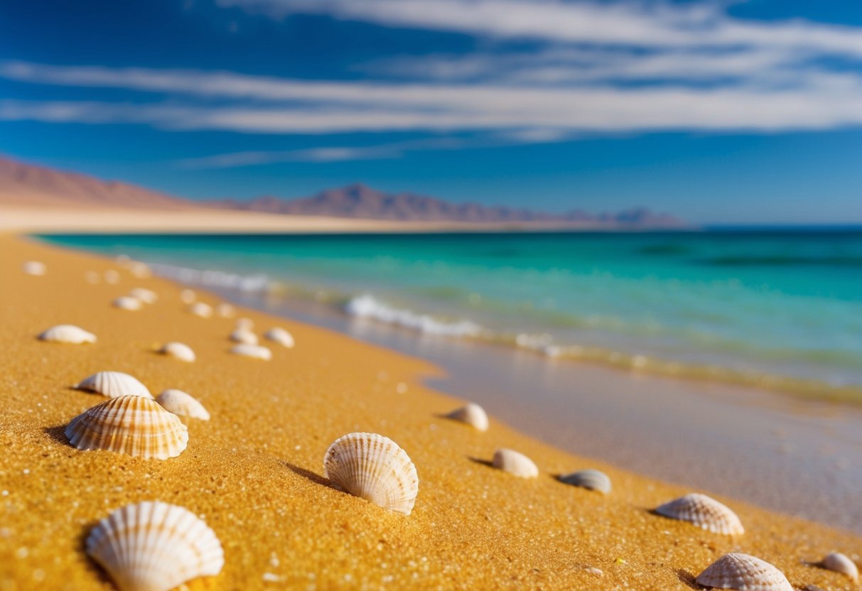 Golden sand, clear blue waters, and scattered seashells along the shore of a pristine beach in Morocco