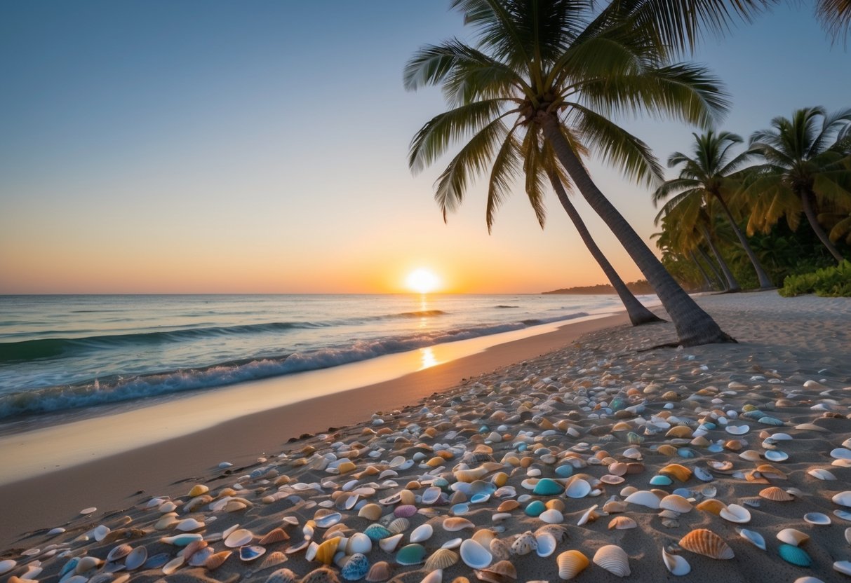 The sun sets over a pristine beach, with palm trees lining the shore and waves gently rolling in, revealing an abundance of colorful seashells scattered across the sand