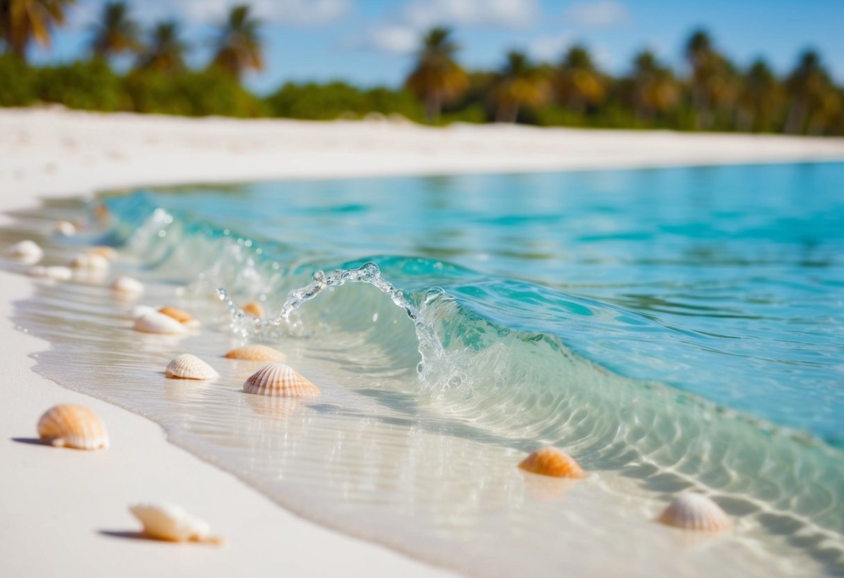 Crystal clear water gently washing over white sandy shore with scattered seashells and palm trees in the background