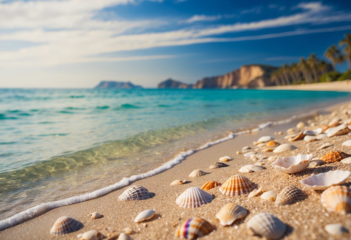 Crystal clear waters lap gently at the sandy shore, scattered with colorful seashells and framed by a backdrop of palm trees and distant cliffs