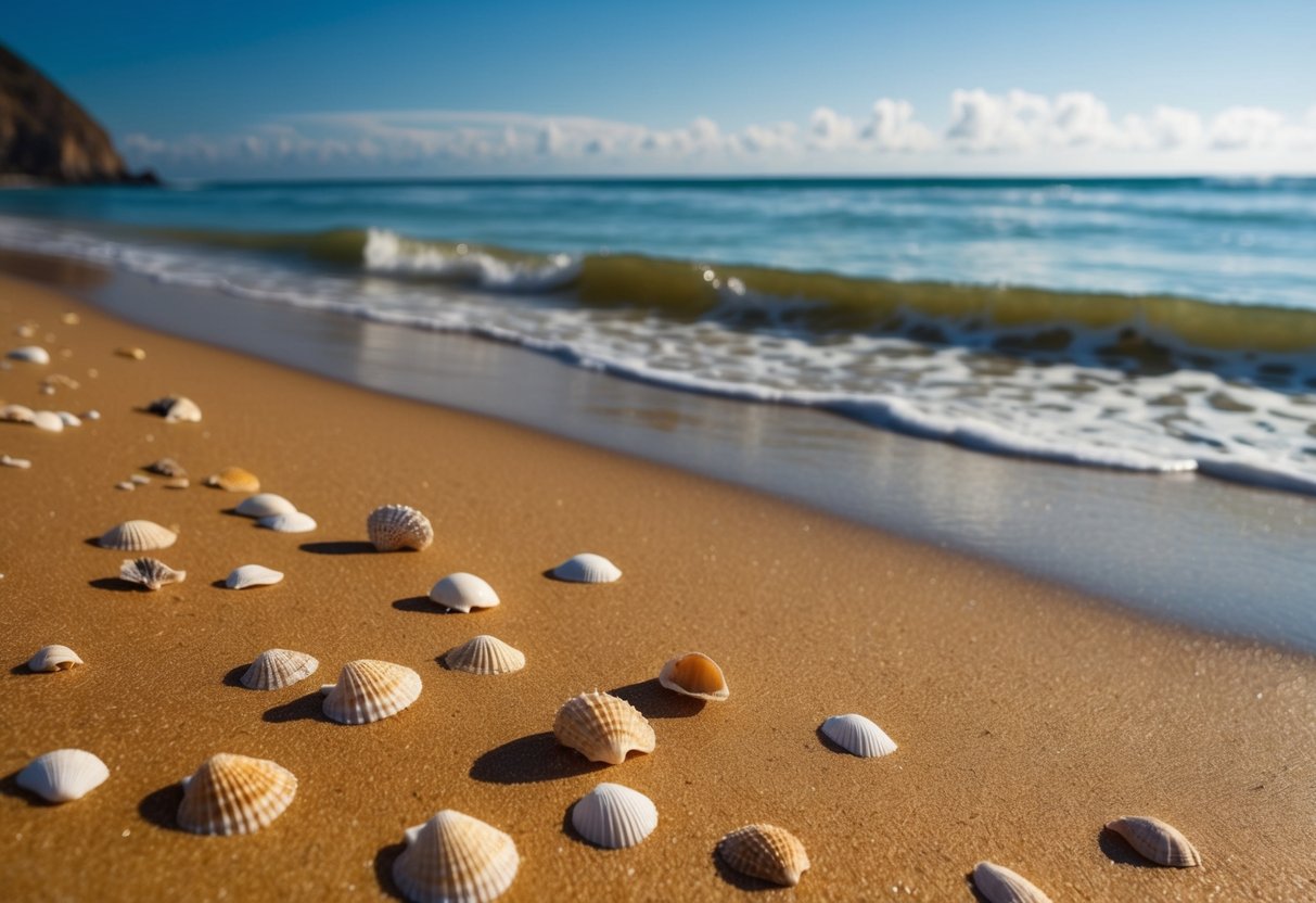 Golden sand, clear blue waters, and scattered seashells on a remote beach in Peru. Waves gently roll onto the shore, creating a serene and picturesque scene