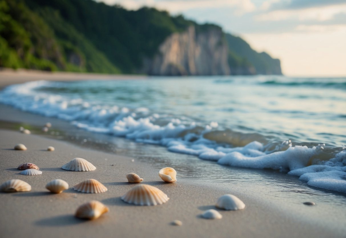 A serene beach with gentle waves, scattered seashells, and a backdrop of lush greenery and rocky cliffs