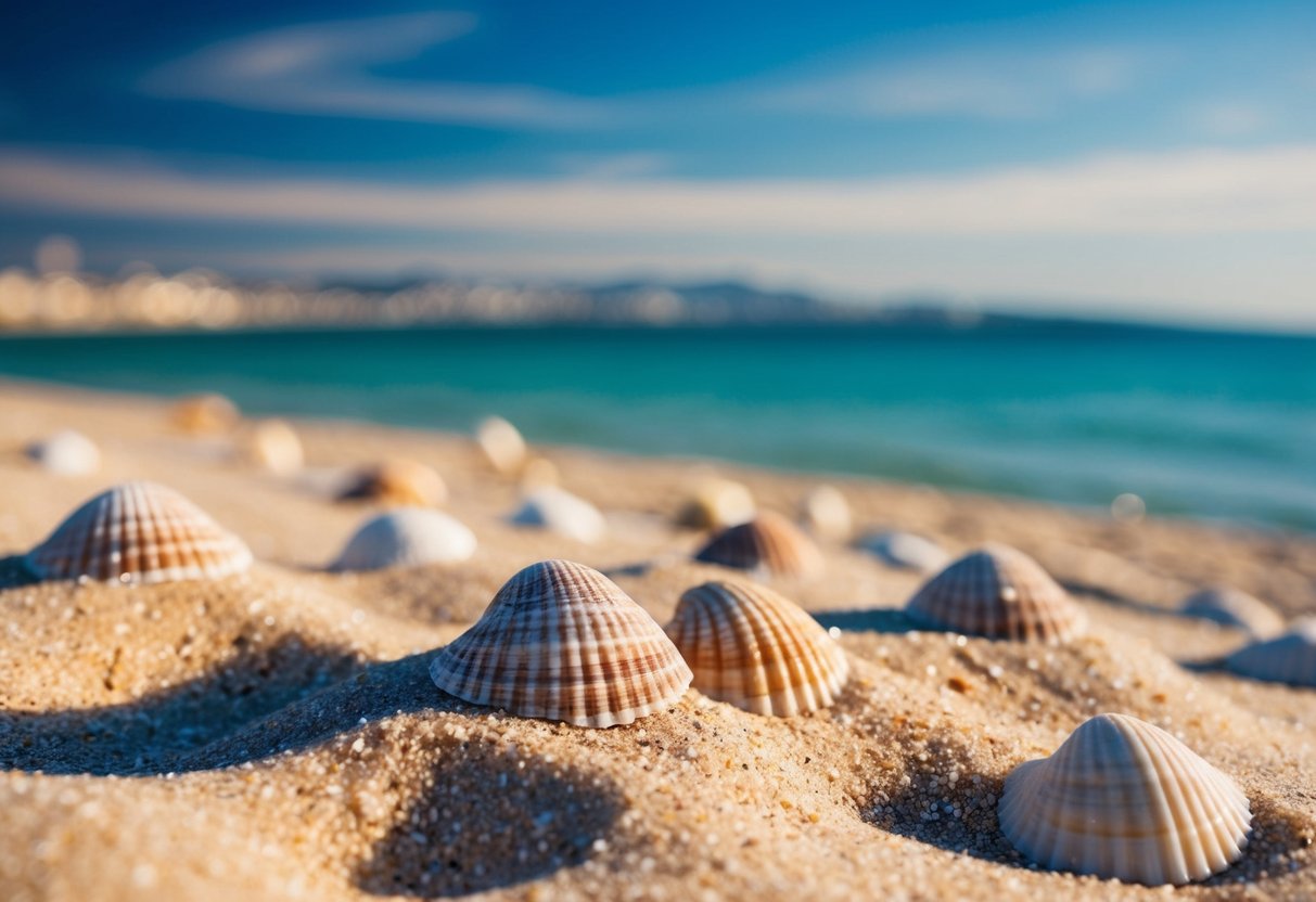 Sandy beach with seashells, clear blue water, and distant coastline