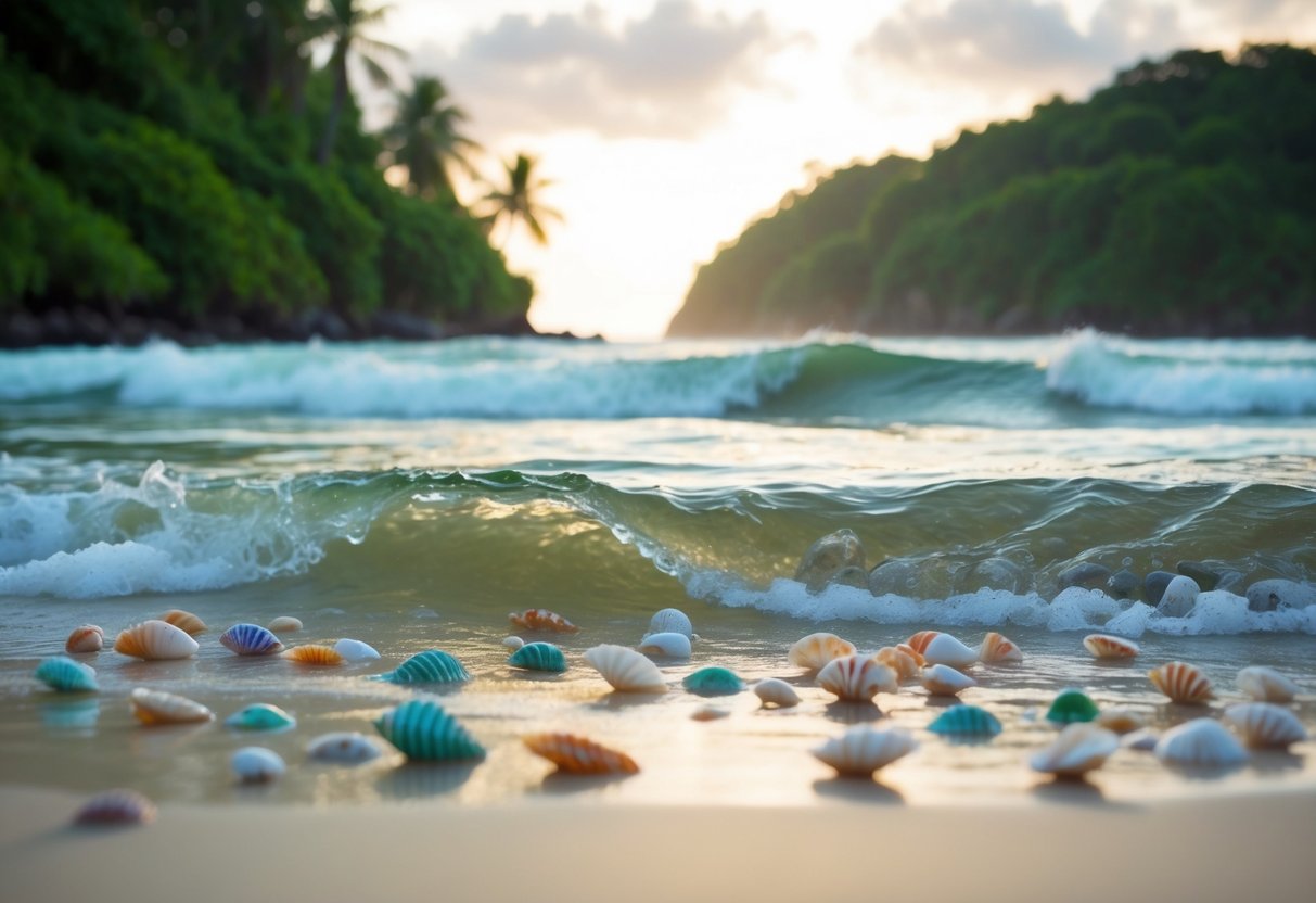 Gentle waves wash up on a pristine beach, scattered with colorful seashells and surrounded by lush greenery