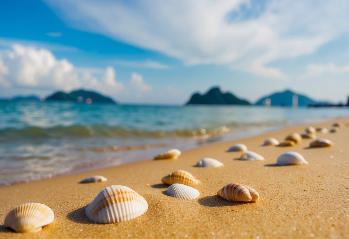 Golden sand, clear blue water, and seashells scattered along the shore at a serene beach in Taiwan