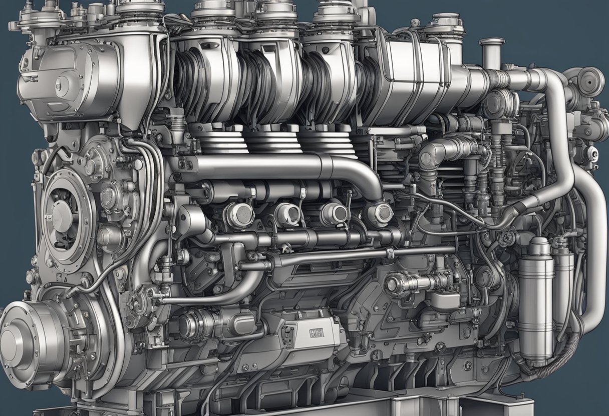 A close-up view of the Yanmar 116987 engine, showing its intricate components and details