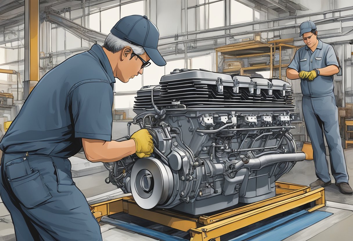 A Yanmar 116987 engine being installed into a boat by a mechanic