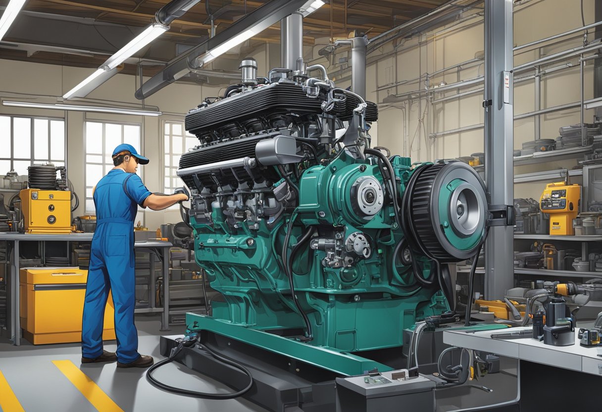 A mechanic servicing a Yanmar 116987 engine in a well-lit workshop