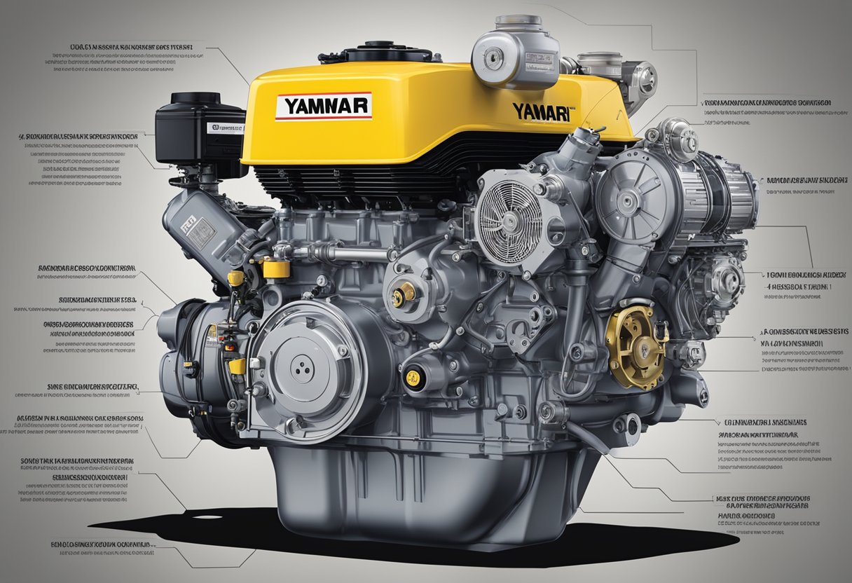 A yanmar 116987 engine surrounded by various certifications and endorsements