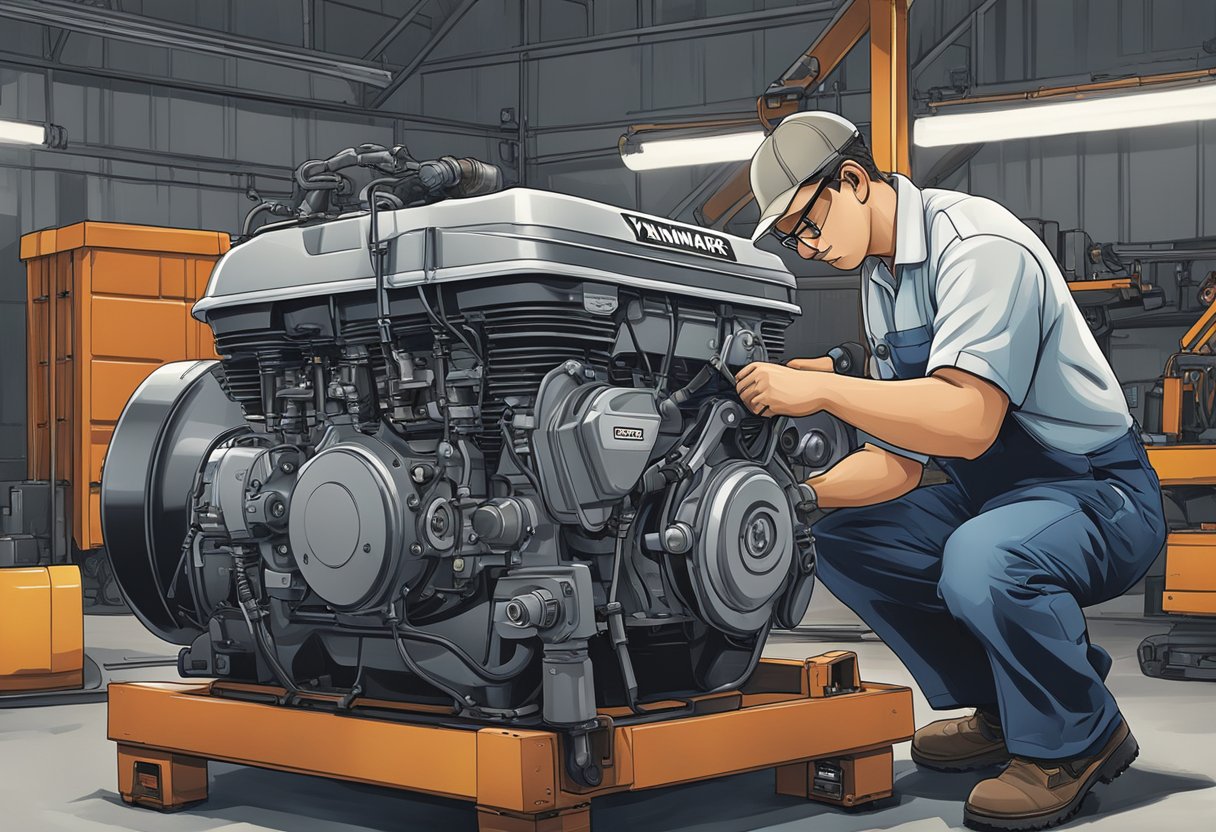 A mechanic inspecting a Yanmar 116987 engine with a toolbox nearby