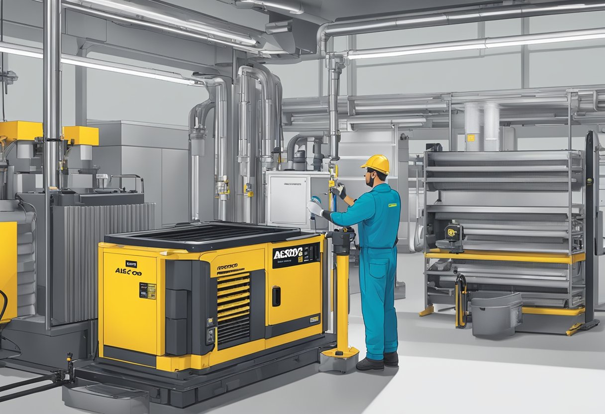 A technician replacing the 500 Hour Filter Kit on an Atlas Copco machine in a clean, well-lit workshop