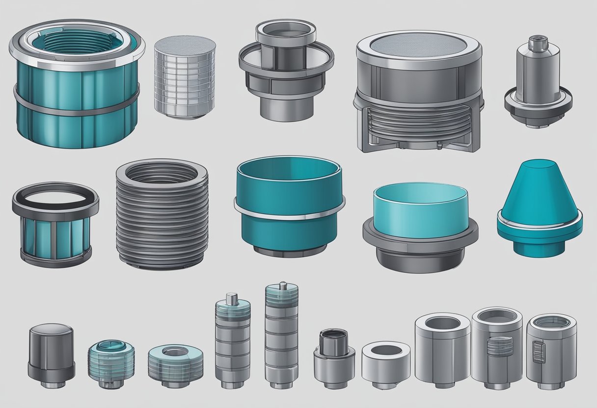 A neatly arranged set of various filters and parts from the Atlas Copco 500 Hour Filter Kit 1310266397, laid out on a clean work surface