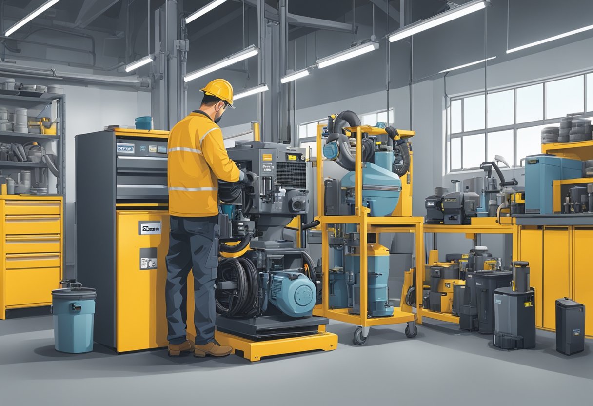 A mechanic replacing the filter kit on an Atlas Copco machine, surrounded by tools and equipment in a clean and organized workshop