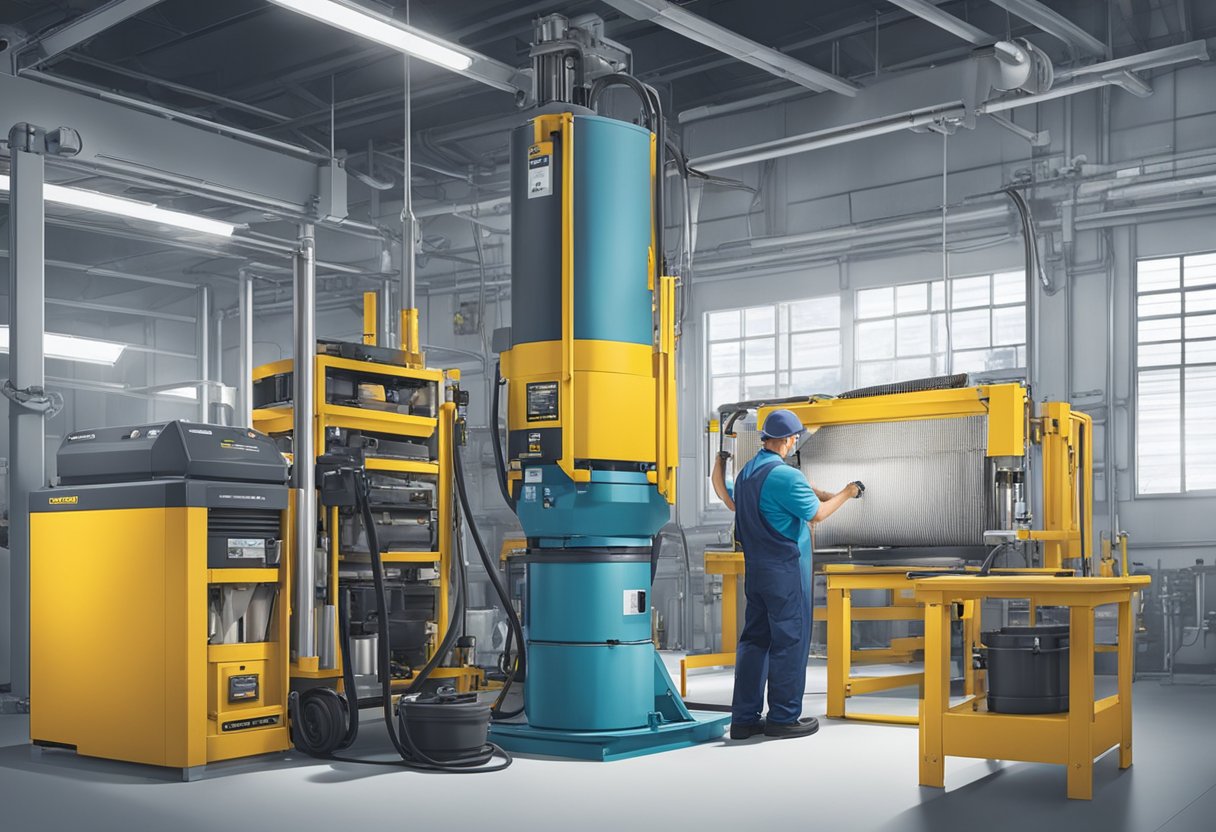 A mechanic installing a filter kit on an Atlas Copco machine in a well-lit workshop