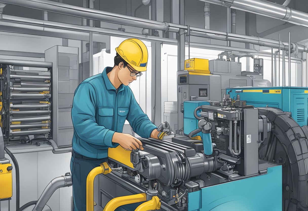 A technician replacing the filter kit on an Atlas Copco machine, surrounded by multilingual support materials