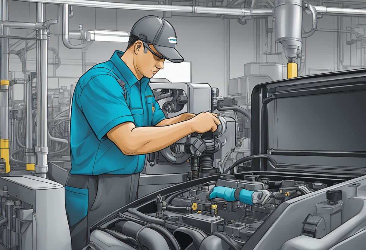 A mechanic replacing a filter kit on an Atlas Copco machine