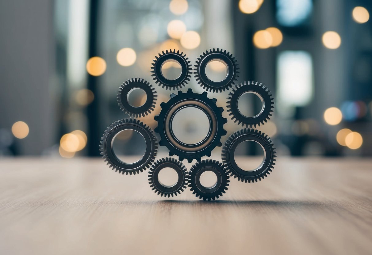 Um grupo de engrenagens interconectadas simbolizando a interconexão e a sinergia dentro de uma mentalidade organizacional