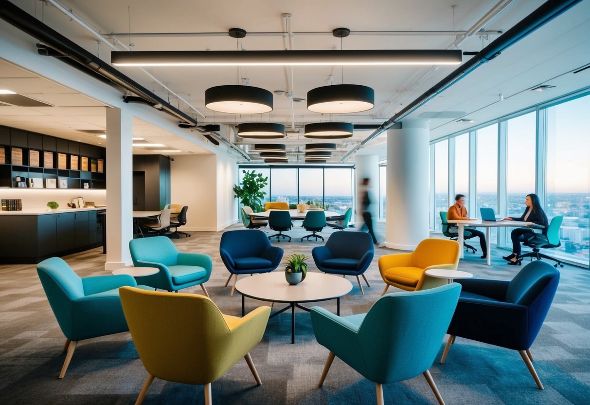 Um espaço de escritório moderno com áreas de colaboração abertas, assentos confortáveis e uma decoração vibrante para promover uma cultura de confiança e inovação.