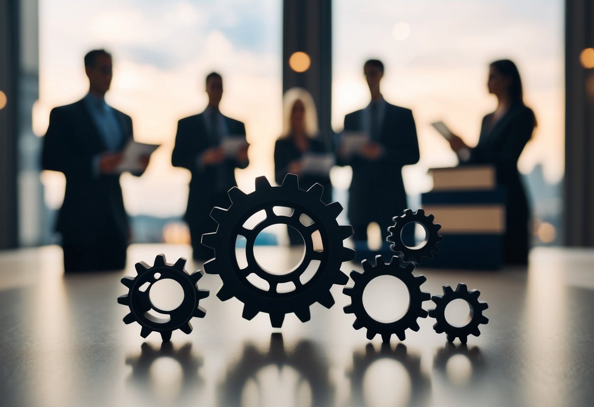 Um grupo de engrenagens interconectadas simbolizando colaboração e mentalidade organizacional