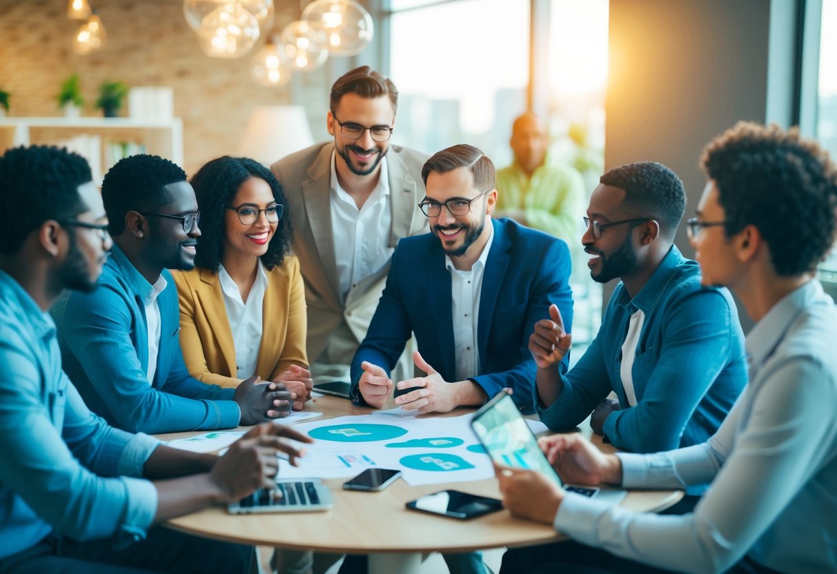 Um grupo de indivíduos diversos e engajados se reuniu em torno de uma mesa, discutindo e trocando ideias com uma mentalidade colaborativa e inovadora.
