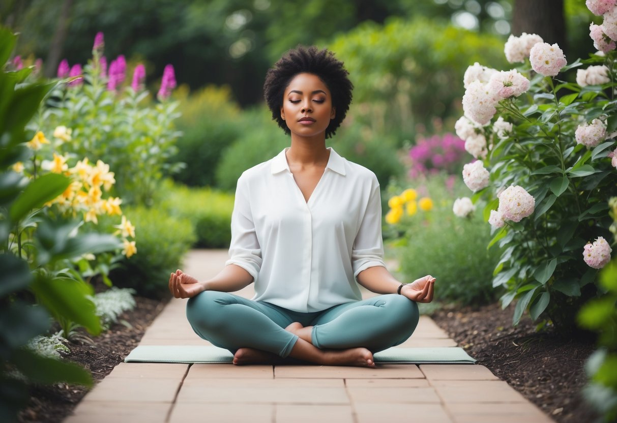 Uma pessoa sentada em um jardim tranquilo, cercada por flores em flor e vegetação exuberante, com uma expressão calma no rosto enquanto medita.