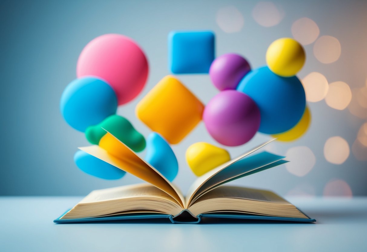 Um livro sereno e aberto cercado por formas abstratas coloridas, representando os conceitos de Inteligência Emocional e Mentalidade.