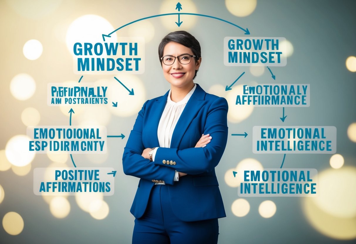 Uma pessoa com uma mentalidade de crescimento, em pé de forma confiante, cercada por afirmações positivas e símbolos de inteligência emocional.