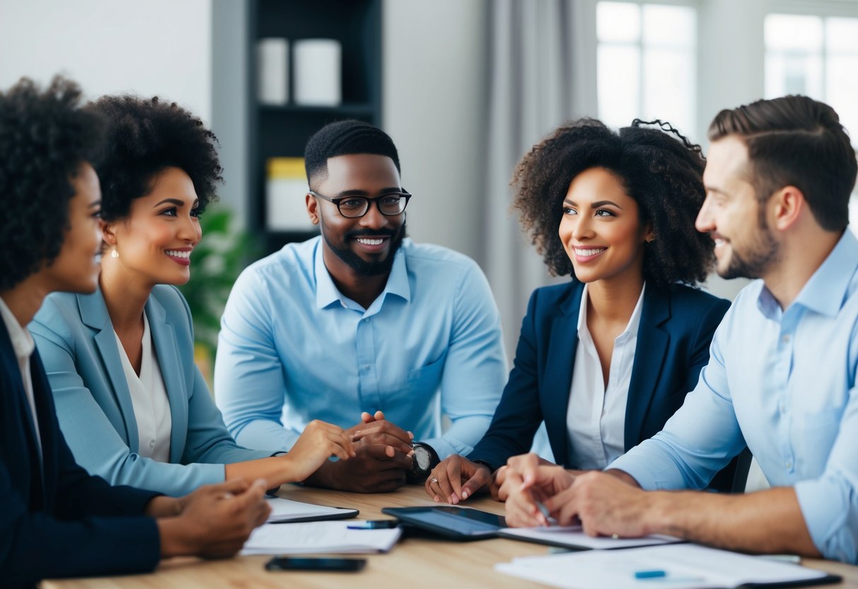 Um grupo de profissionais diversos se envolve em um ambiente de trabalho colaborativo e solidário, demonstrando empatia e compreensão em suas interações.