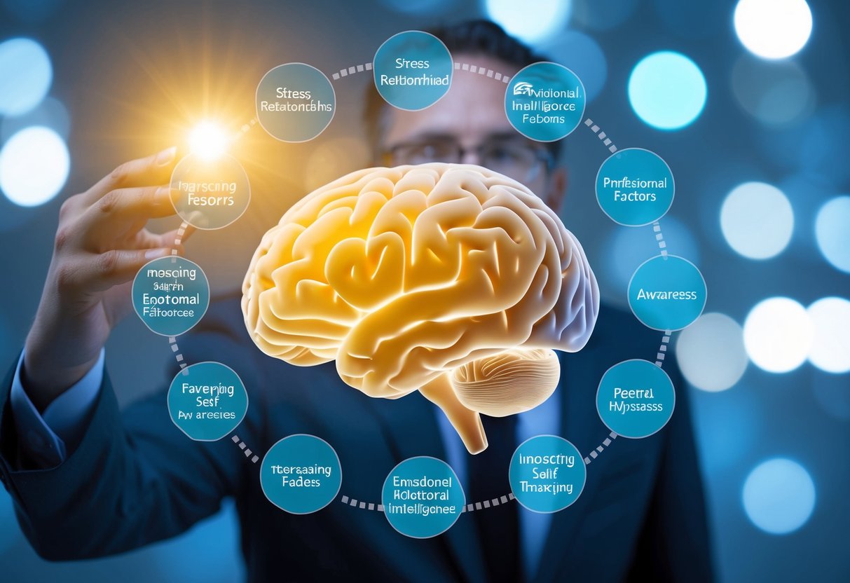 Um cérebro cercado por vários fatores, como estresse, relacionamentos e autoconhecimento, impactando a inteligência emocional e a mentalidade.