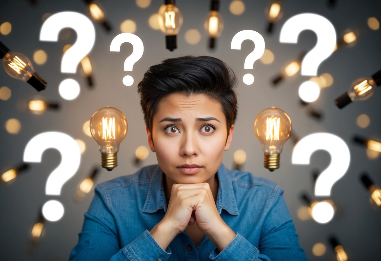 Uma pessoa com uma expressão pensativa cercada por pontos de interrogação e lâmpadas.
