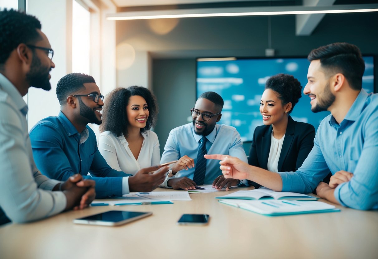 Um grupo de indivíduos diversos participa de uma sessão de brainstorming, compartilhando ideias e colaborando em um ambiente de escritório moderno.