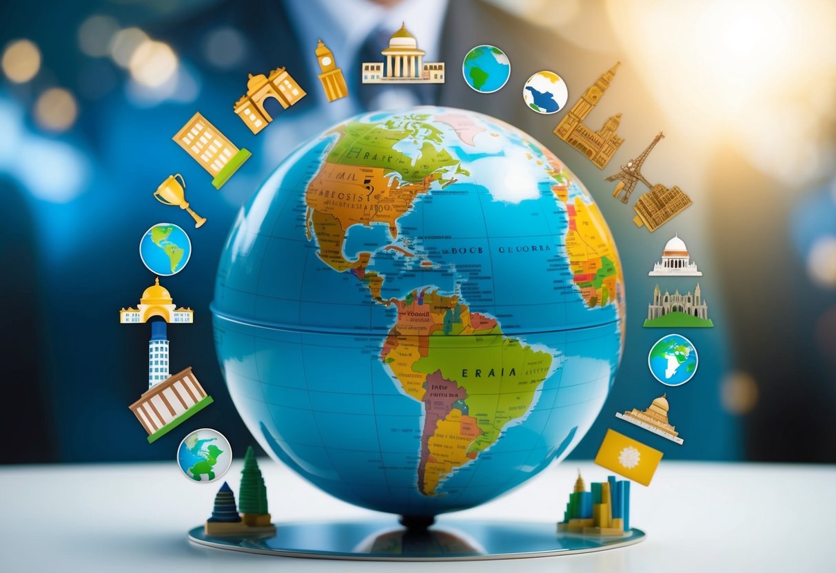 Um globo cercado por diversos símbolos culturais e marcos globais, representando o conceito de mentalidade de liderança global.