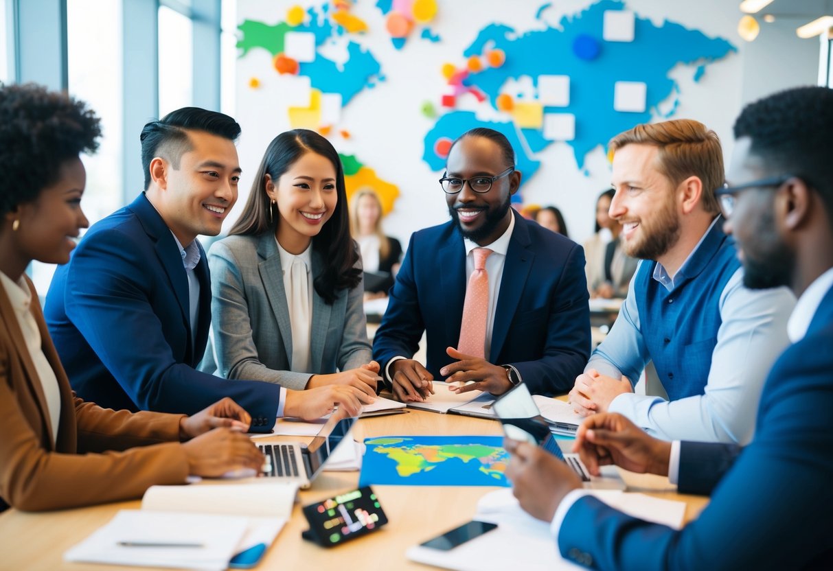 Um grupo diverso de pessoas de diferentes culturas e origens engajando-se em discussões abertas e colaborativas, cercado por símbolos de unidade e cooperação global.