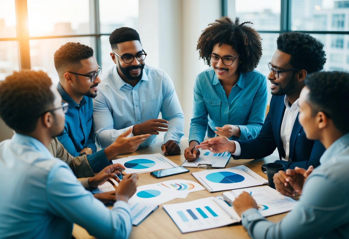 Um grupo de indivíduos diversos participa de uma sessão colaborativa de brainstorming, trocando ideias e trabalhando juntos para resolver um problema complexo.