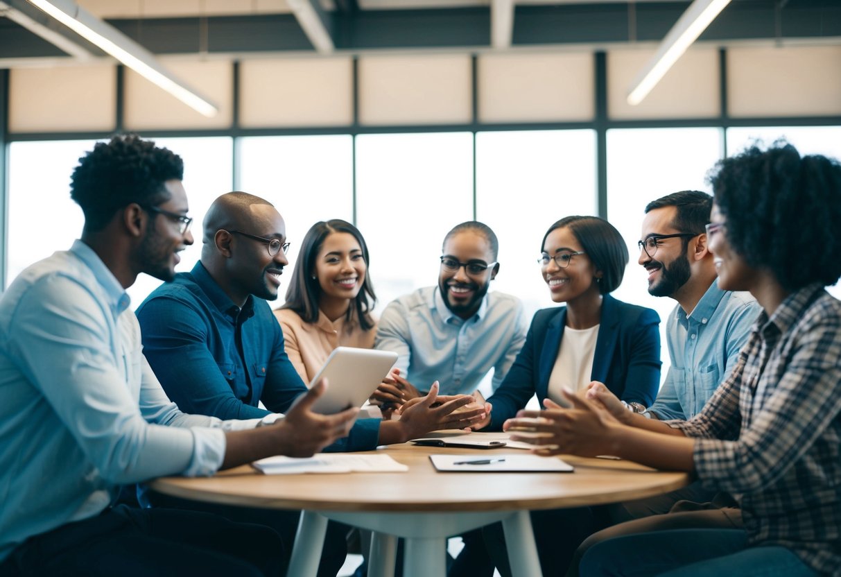 Um grupo diversificado de pessoas compartilhando ideias e trabalhando juntas em um ambiente colaborativo e inclusivo