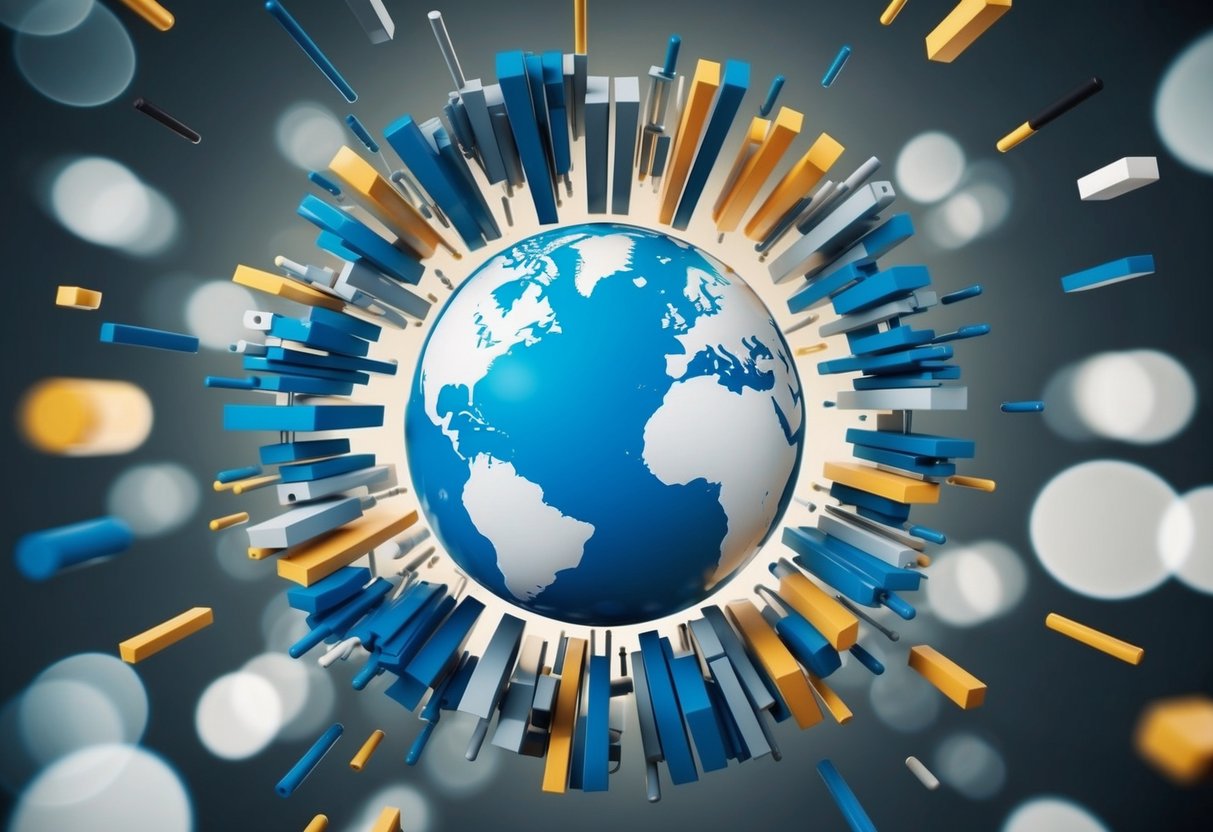 Um globo cercado por vários obstáculos e desafios, simbolizando as barreiras e desafios enfrentados pelos líderes globais em mentalidade e liderança.