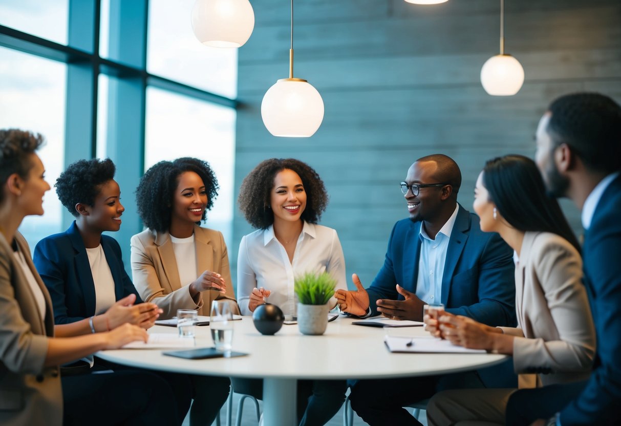 Um grupo de indivíduos diversos participa de uma animada discussão em torno de uma mesa, trocando ideias e colaborando sobre liderança e influência globais.