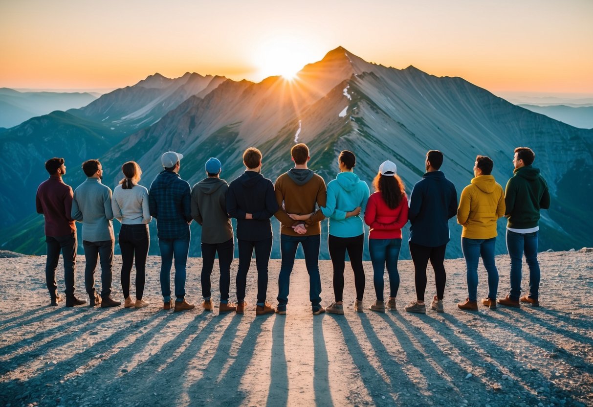 Um grupo de indivíduos diversos em pé juntos, de frente para um pico de montanha com um caminho claro levando ao topo. O sol está nascendo, lançando um brilho quente sobre a cena.