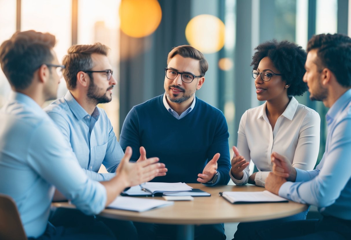 Um grupo de pessoas envolvidas em uma discussão, com uma pessoa assumindo a liderança e respondendo perguntas dos outros.