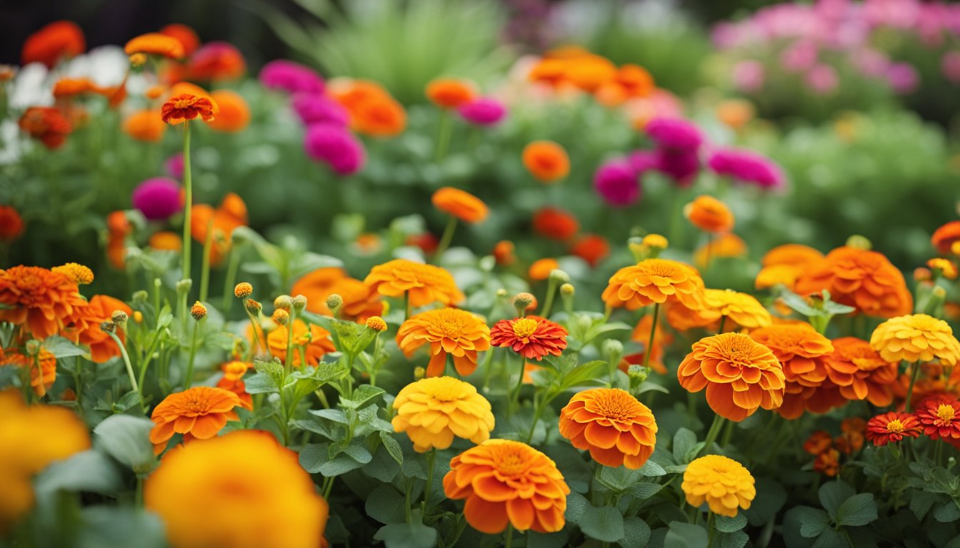 Vibrant garden bed bursting with marigolds, zinnias, and nasturtiums, showcasing their bright colors and rapid growth