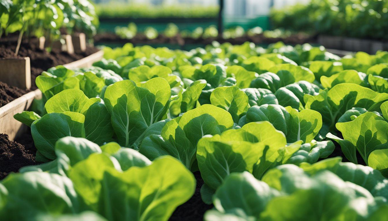 The vibrant vegetable garden bursts with lush green lettuce, spinach, and peas, showcasing their fast growth and quick harvest times